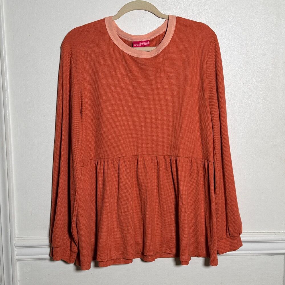 Westwind Women's M/L Coral Waffle Knit Peplum Top Long Sleeve Made USA